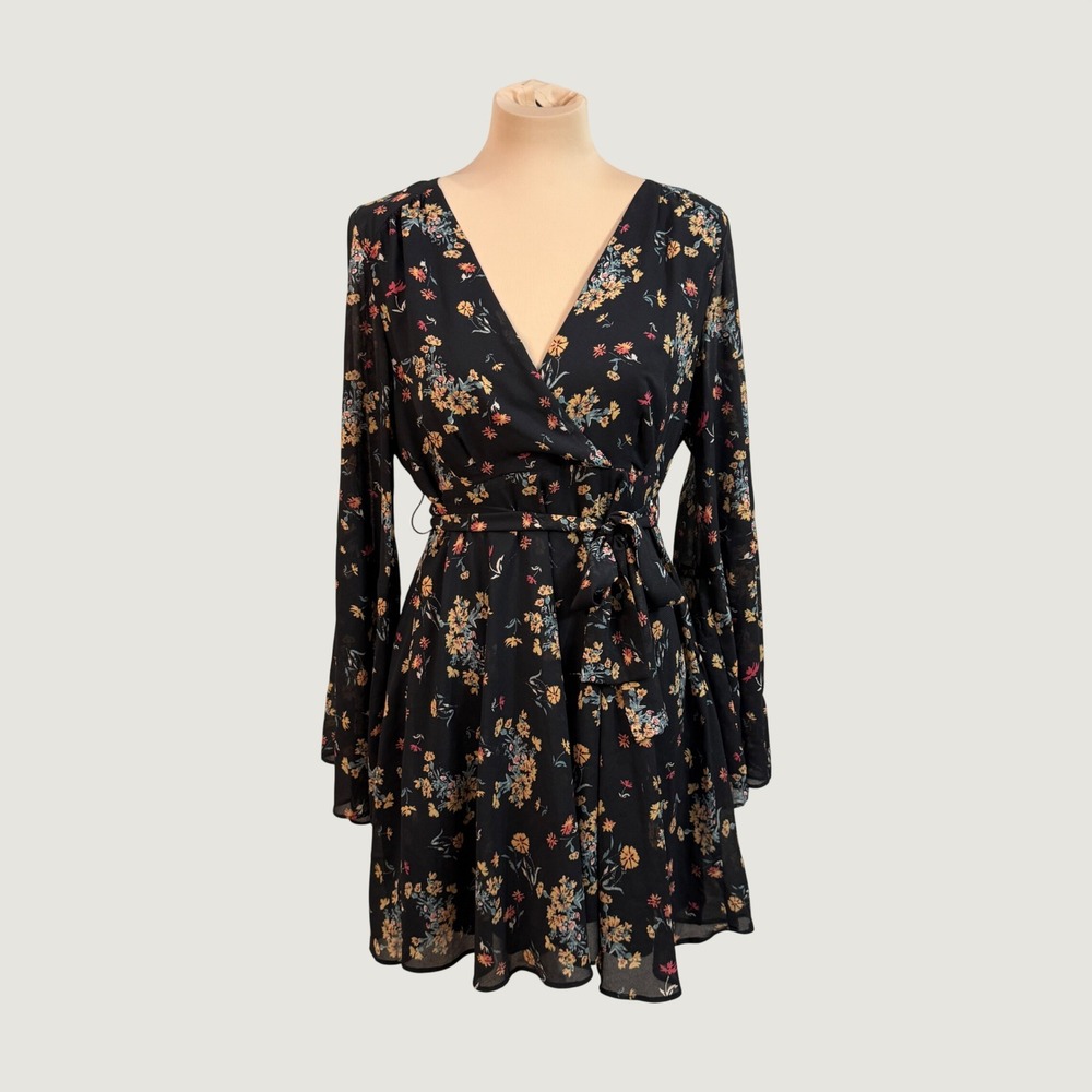 Free People Wildflower Floral Mini Dress Bell Sleeve Fall Dark Romantic Large
